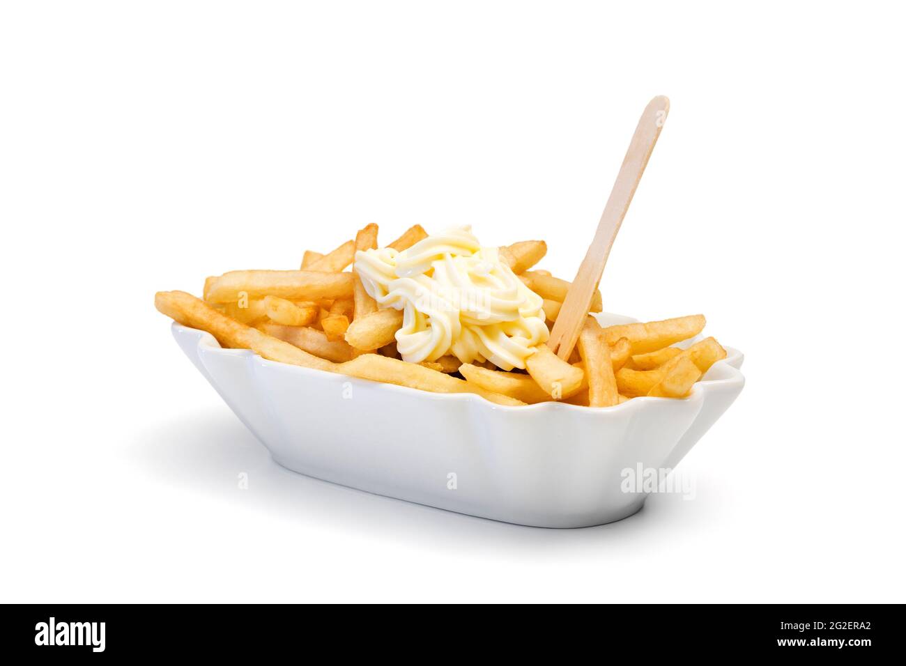 french fries with mayonnaise in white bowl, isolated Stock Photo
