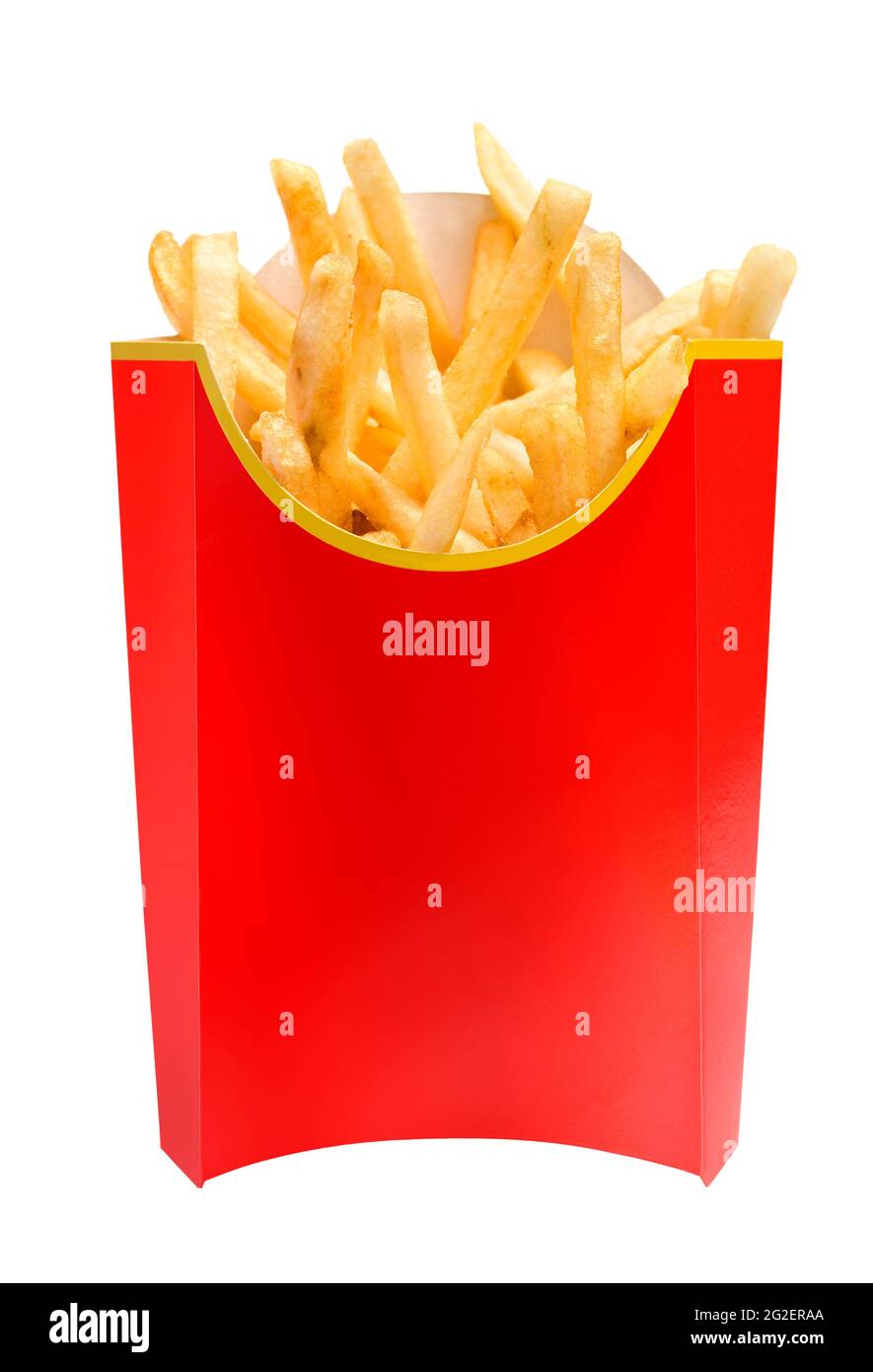 french fries in red cardboard container isolated on white Stock Photo