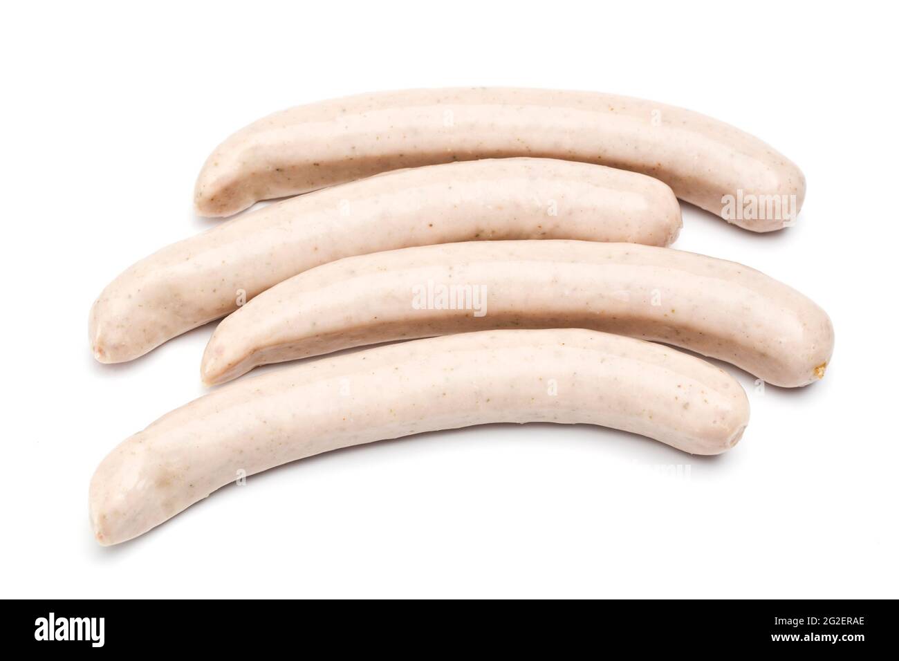 Four Thüringer Rostbratwurst, raw German sausages isolated on white Stock Photo
