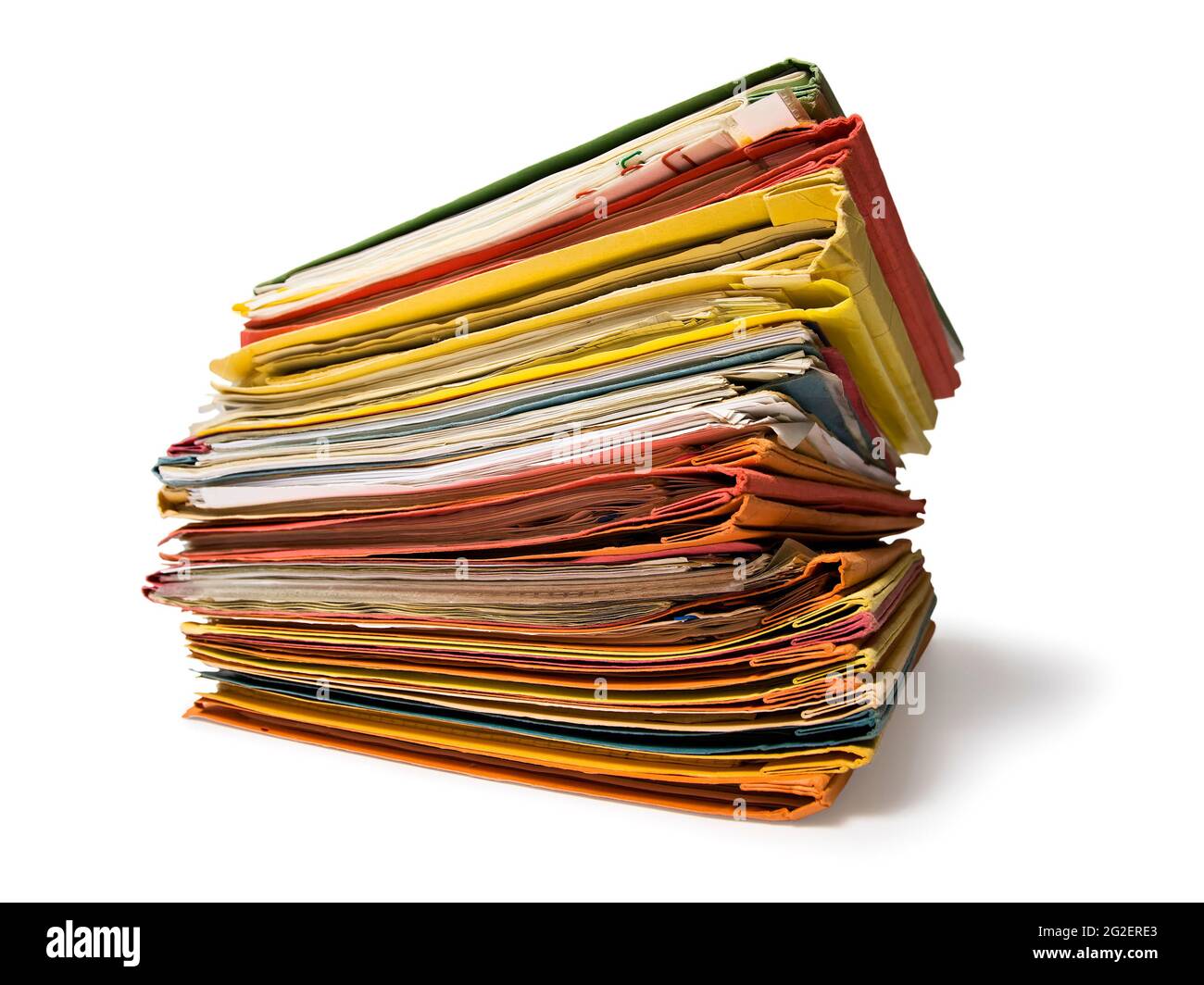 Workload concept. Stacked manila file folders isolated on white, wide-angle view Stock Photo