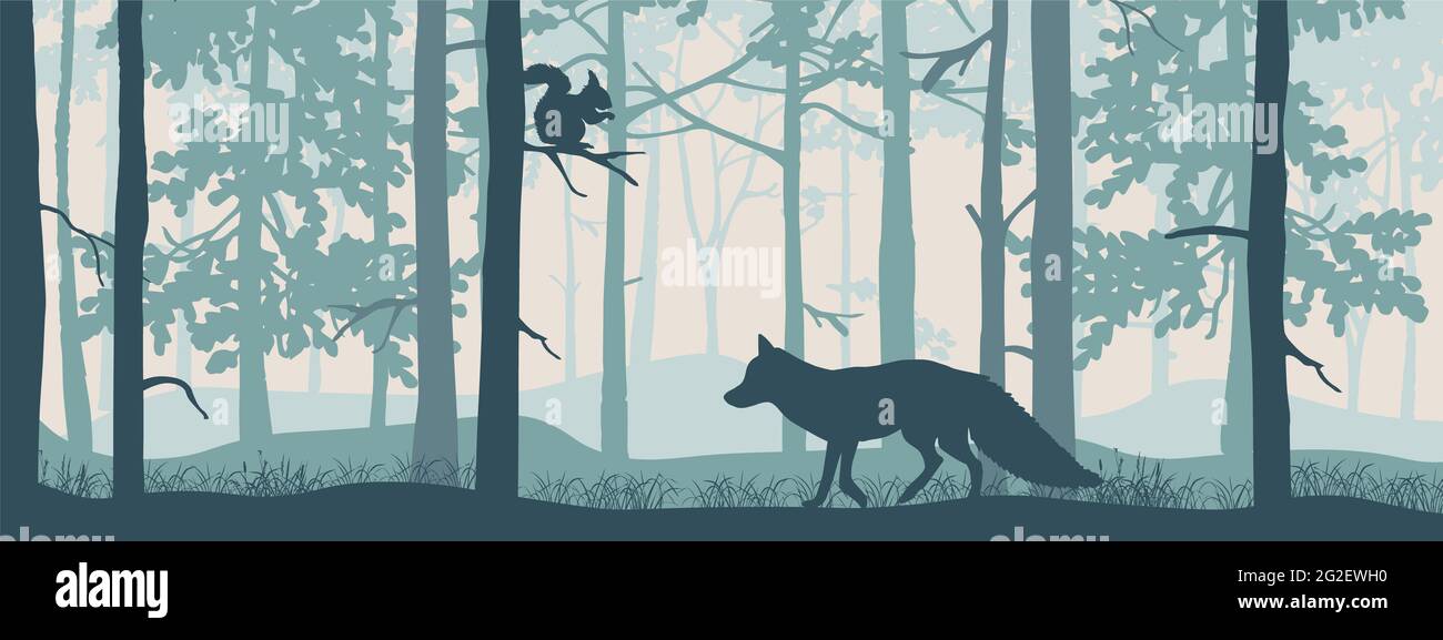 Horizontal banner of forest landscape. Fox and squirrel in magic misty