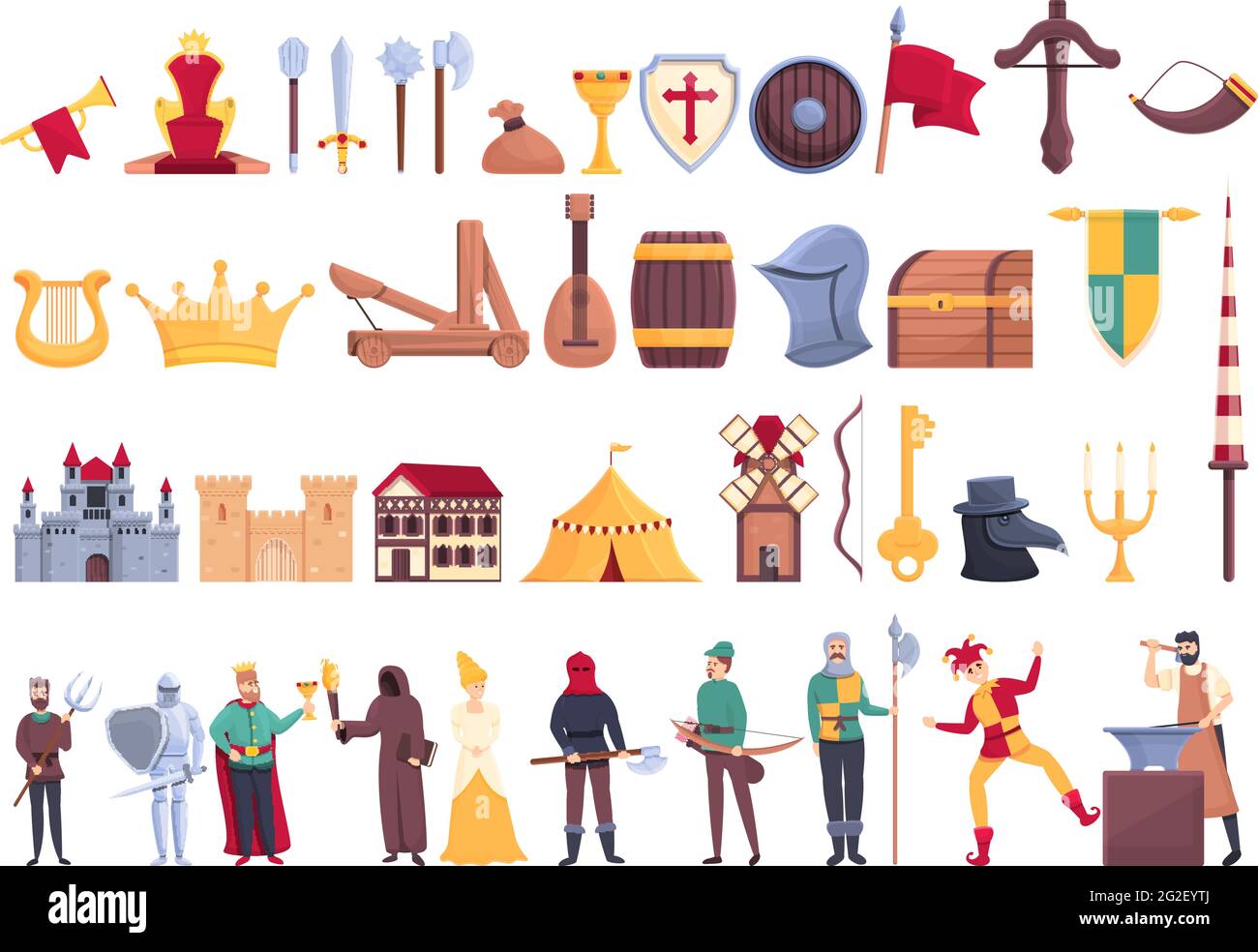 Medieval icons set. Cartoon set of medieval vector icons for web design Stock Vector