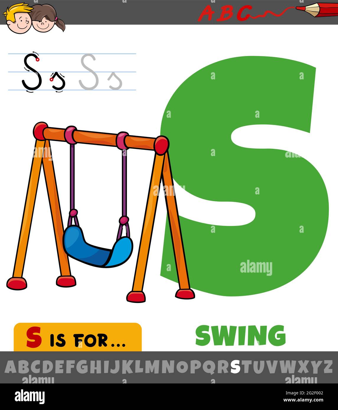 Educational cartoon illustration of letter S from alphabet with swing