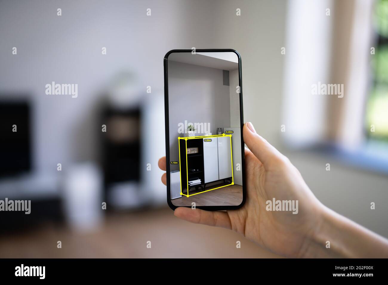 AR Mobile Phone Window Measurement App And Virtual Meter Stock Photo