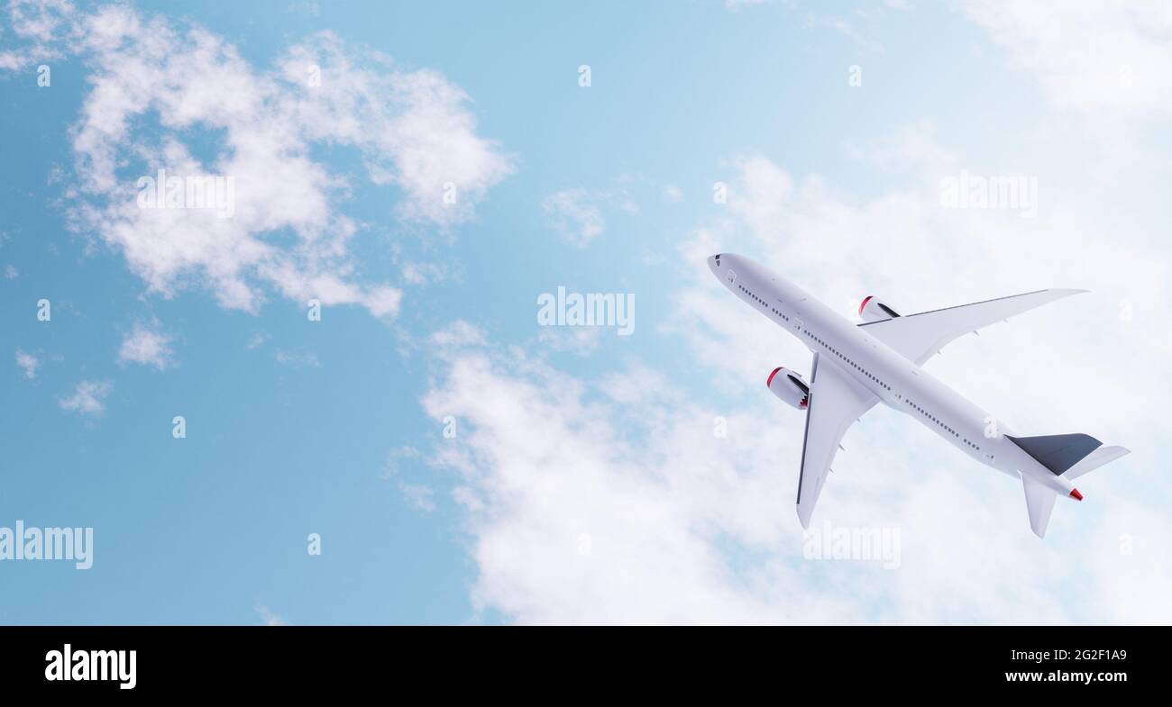 top view of a passenger plane above the clouds with space for text ...