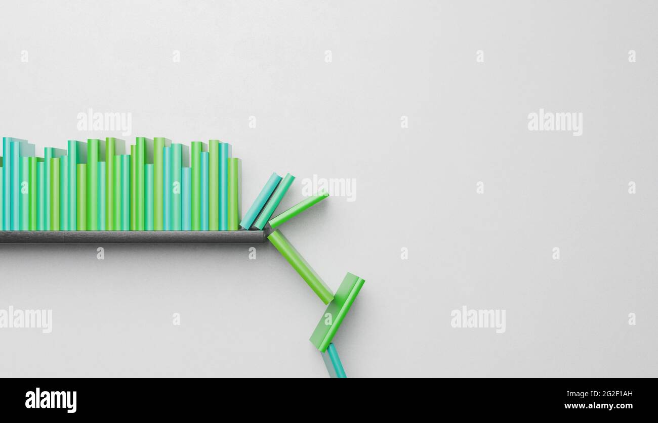 shelf full of books falling down one side. 3d render Stock Photo Alamy