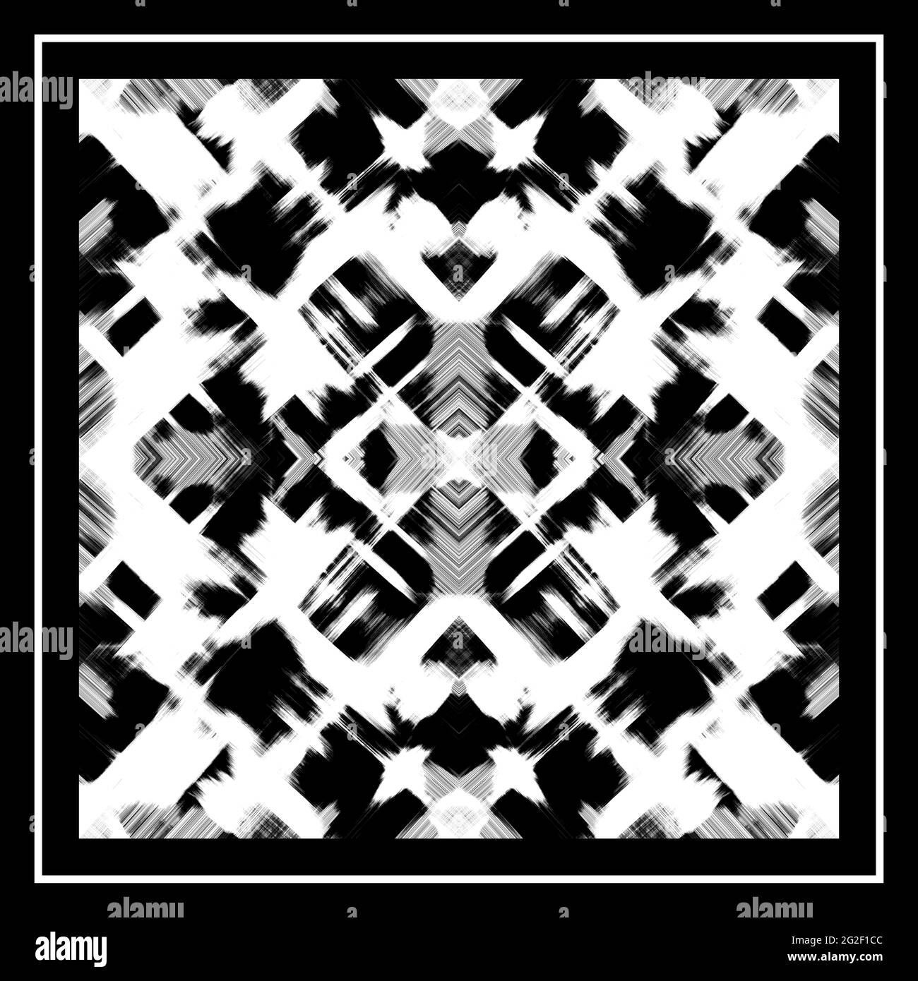 Shawl, bandana design. Black brush strokes, white background. Symmetric abstract pattern. Kaleidoscope effect, mirror reflection.  Grunge texture Stock Photo