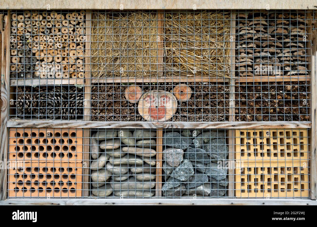 House for insects. A box made of bark, straw and stones. Bricks, cones ...