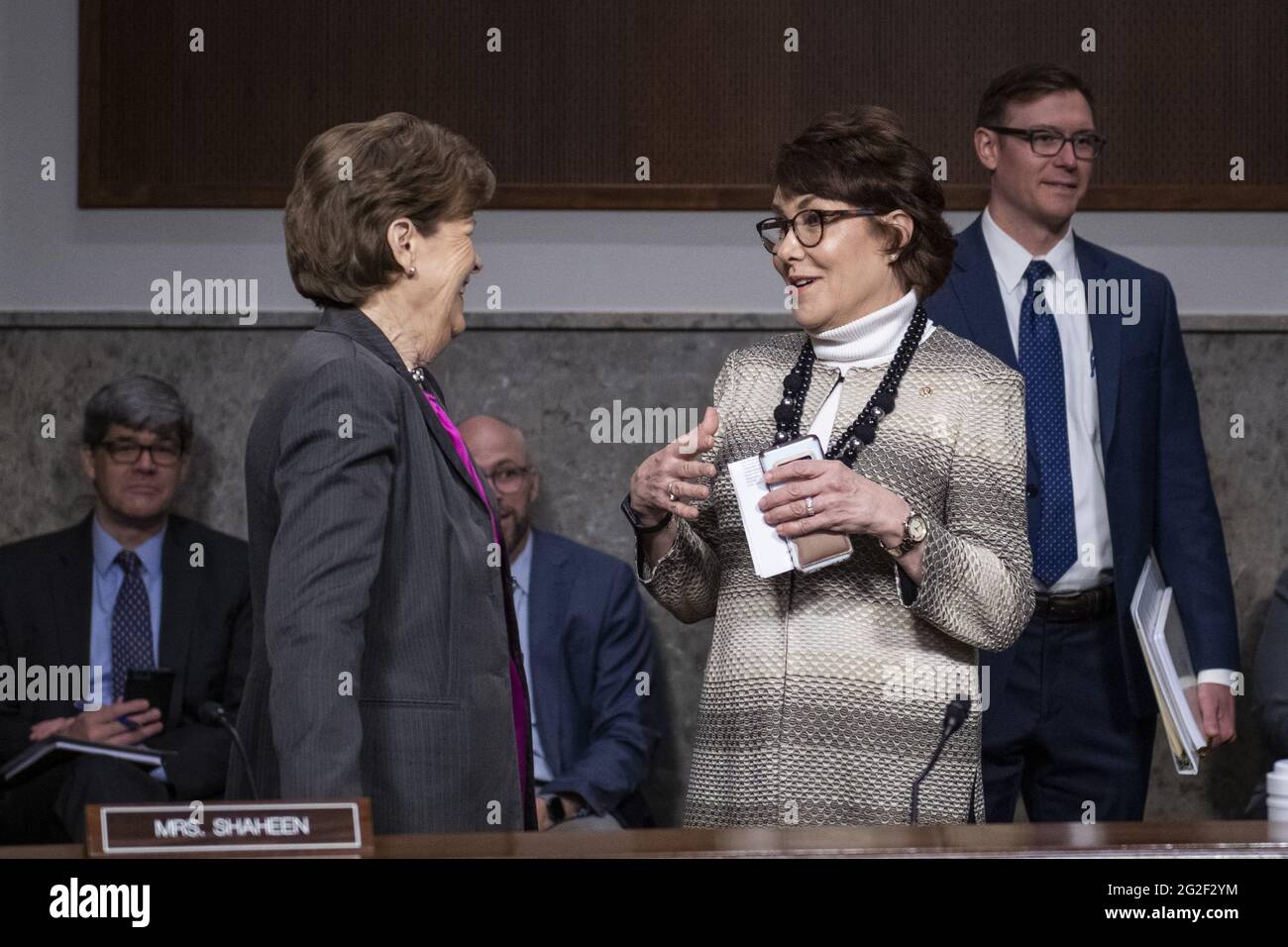 United States Senator Jeanne Shaheen (Democrat of New Hampshire), left, talks with United States Senator Jacky Rosen (Democrat of Nevada), right, during a Senate Committee on Armed Services hearing to examine the Department of Defense budget posture in review of the Defense Authorization Request for fiscal year 2022, in the Dirksen Senate Office Building in Washington, DC, Thursday, June 10, 2021. Photo by Rod Lamkey/CNP/ABACAPRESS.COM Stock Photo