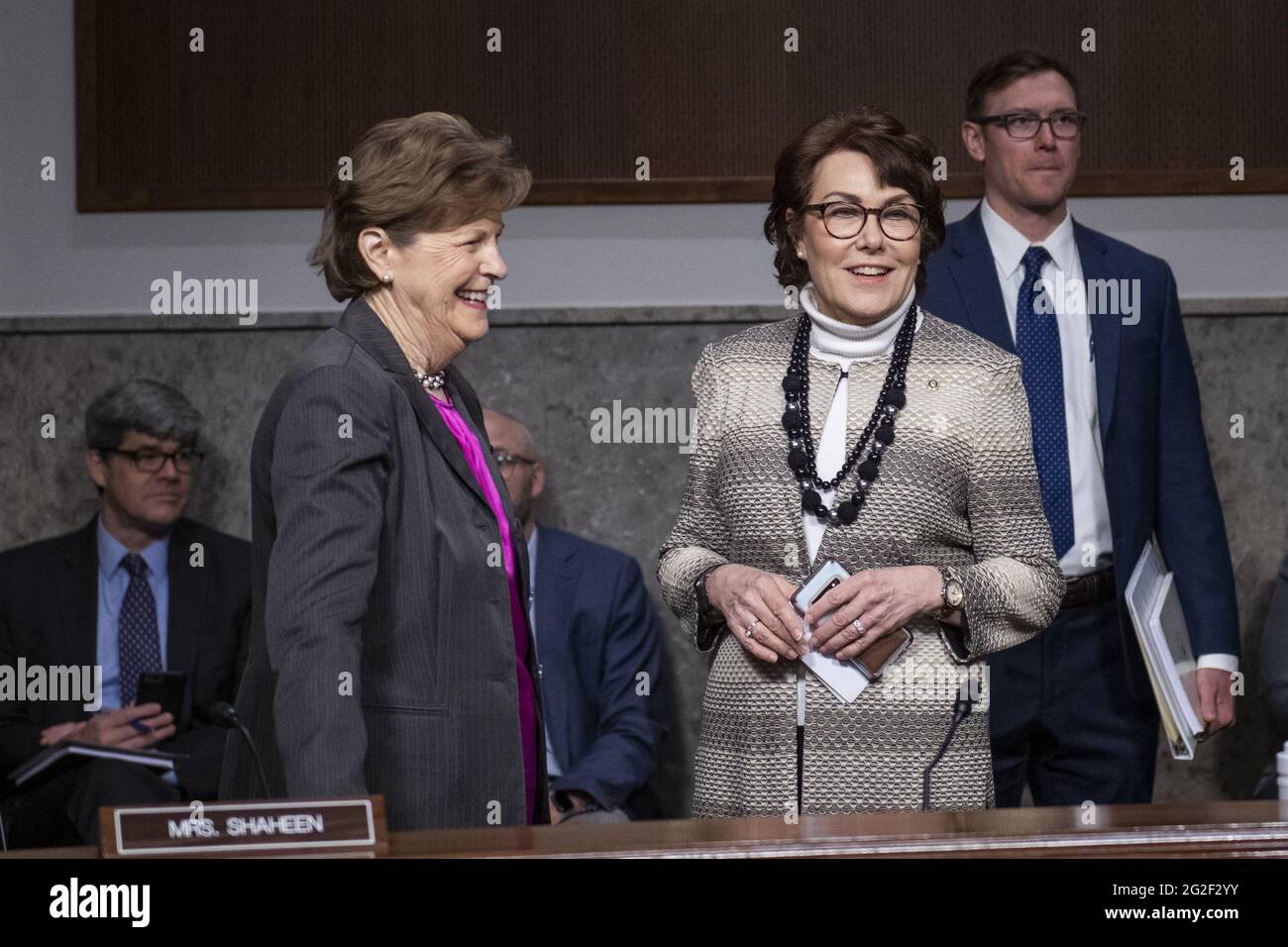 United States Senator Jeanne Shaheen (Democrat of New Hampshire), left, talks with United States Senator Jacky Rosen (Democrat of Nevada), right, during a Senate Committee on Armed Services hearing to examine the Department of Defense budget posture in review of the Defense Authorization Request for fiscal year 2022, in the Dirksen Senate Office Building in Washington, DC, Thursday, June 10, 2021. Photo by Rod Lamkey/CNP/ABACAPRESS.COM Stock Photo