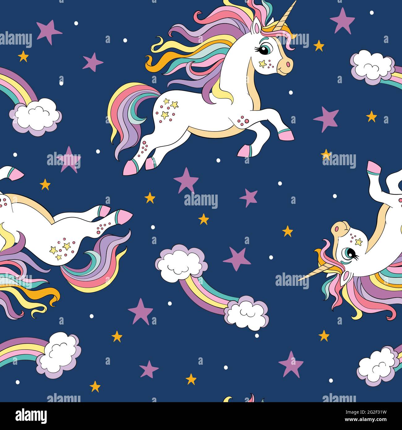 Seamless pattern with cute unicorns with long mane and stars on blue ...