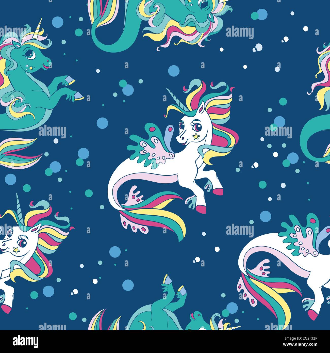 Seamless pattern with beauty sea unicorns and bubbles on blue background. Vector illustration for party, print, baby shower, wallpaper, design, decor, Stock Vector