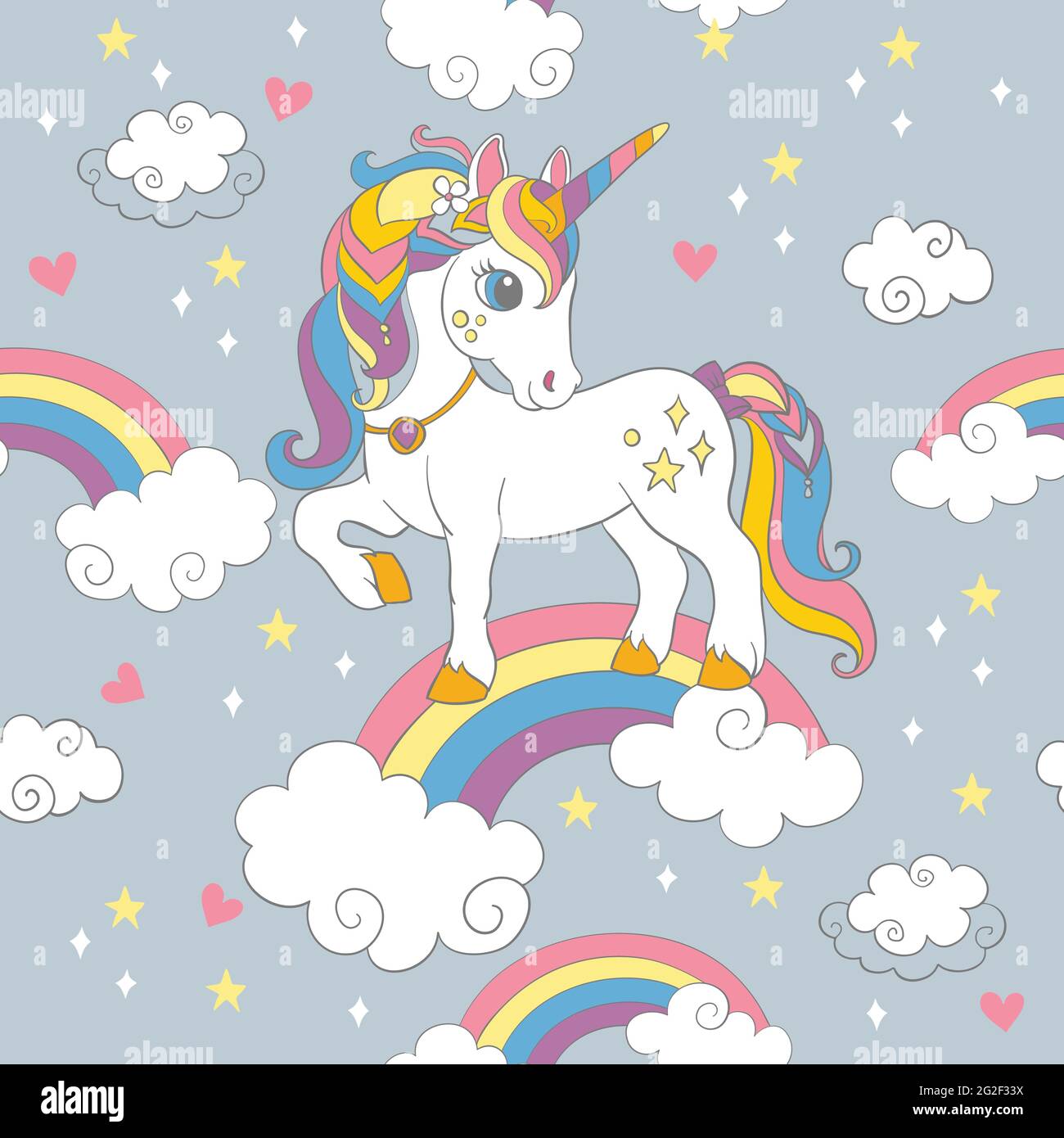 Seamless pattern with cute unicorn standing on a rainbow on gray background.  Vector illustration for party, print, baby shower, wallpaper, design, dec  Stock Vector Image & Art - Alamy