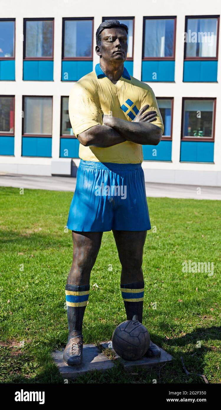 Hornefors, Norrland Sweden - May 23, 2021: full body statue of the famous football player Gunnar Nordahl Stock Photo