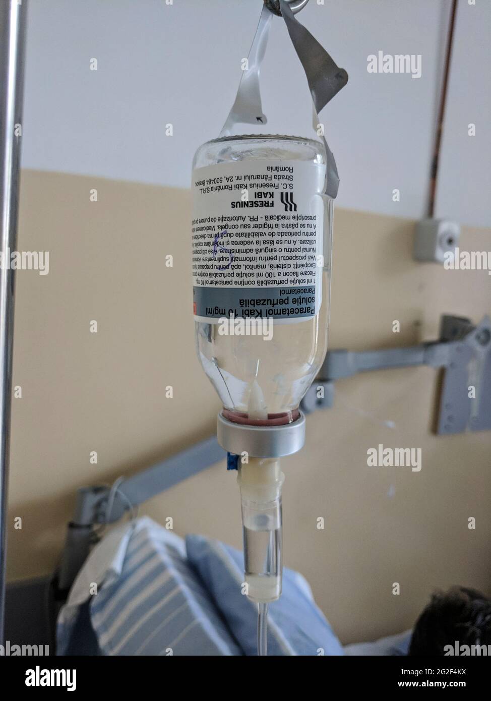 March 2019, Bucharest, Romania, Colentina Hospital. Bottle of IV Paracetamol 10 mg/ml Solution for Infusion. Stock Photo