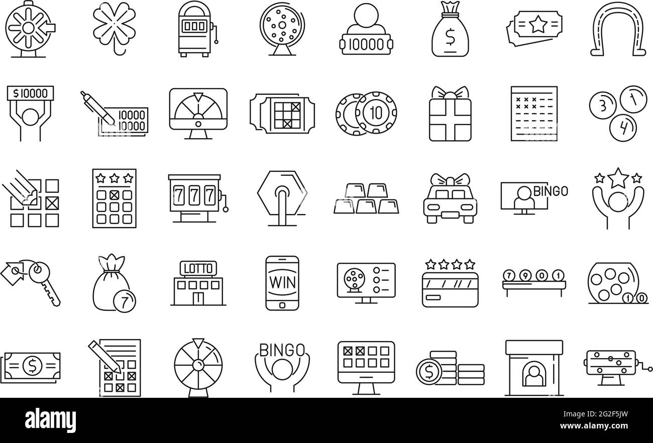 Lottery icons set, outline style Stock Vector