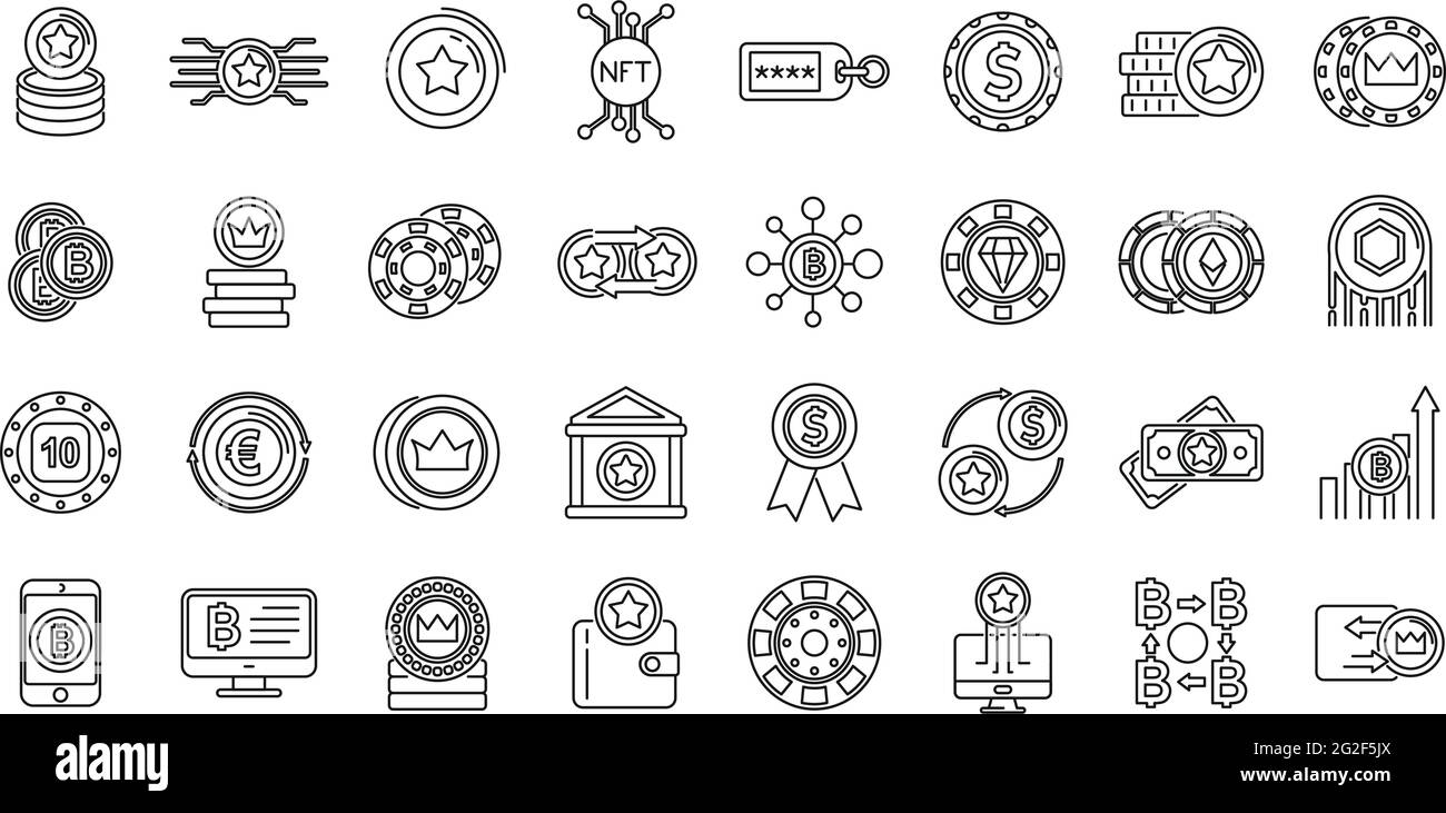 Tokens coins icons set, outline style Stock Vector