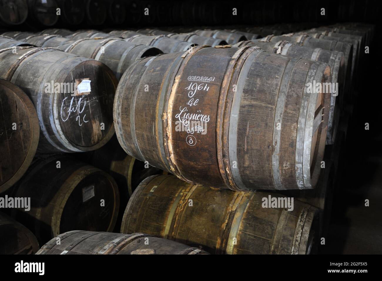 Barrels of reserve Gognac Brandy maturing in Cognac France Stock Photo