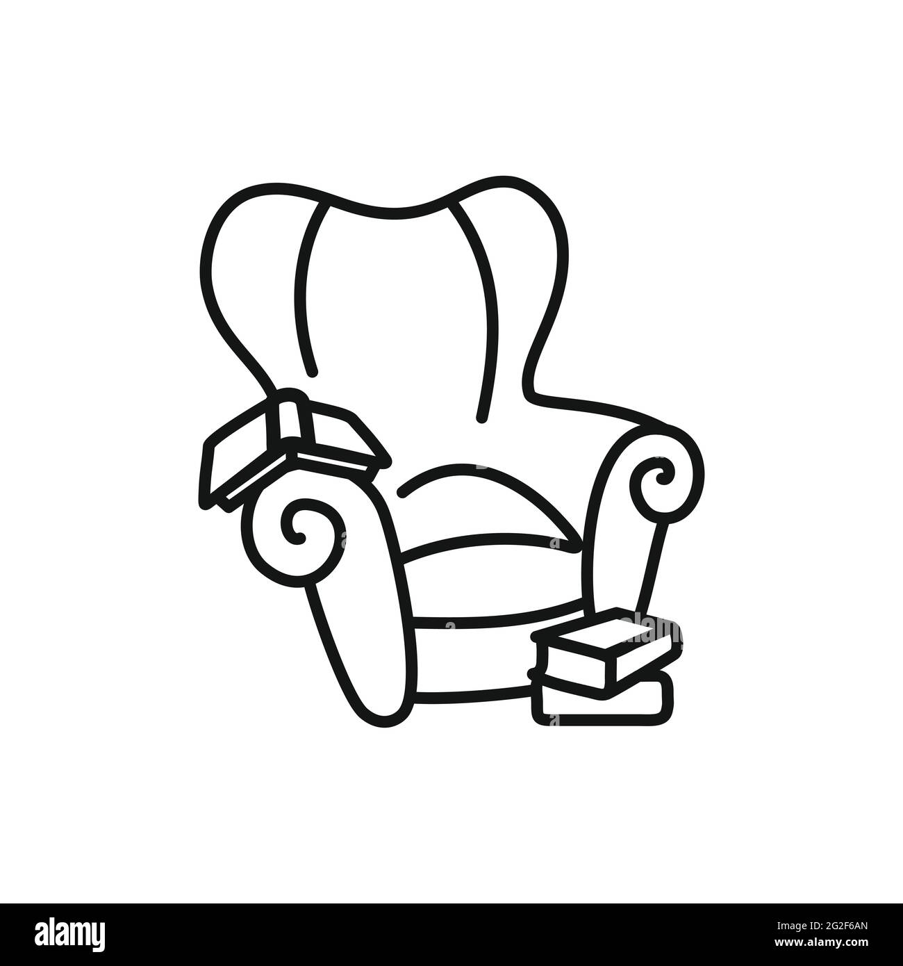 Icon of a cozy chair with books. Outline Armchair isolated on white background. Line sign rest, work at home, comfort, education, stay home, interior. Stock Vector