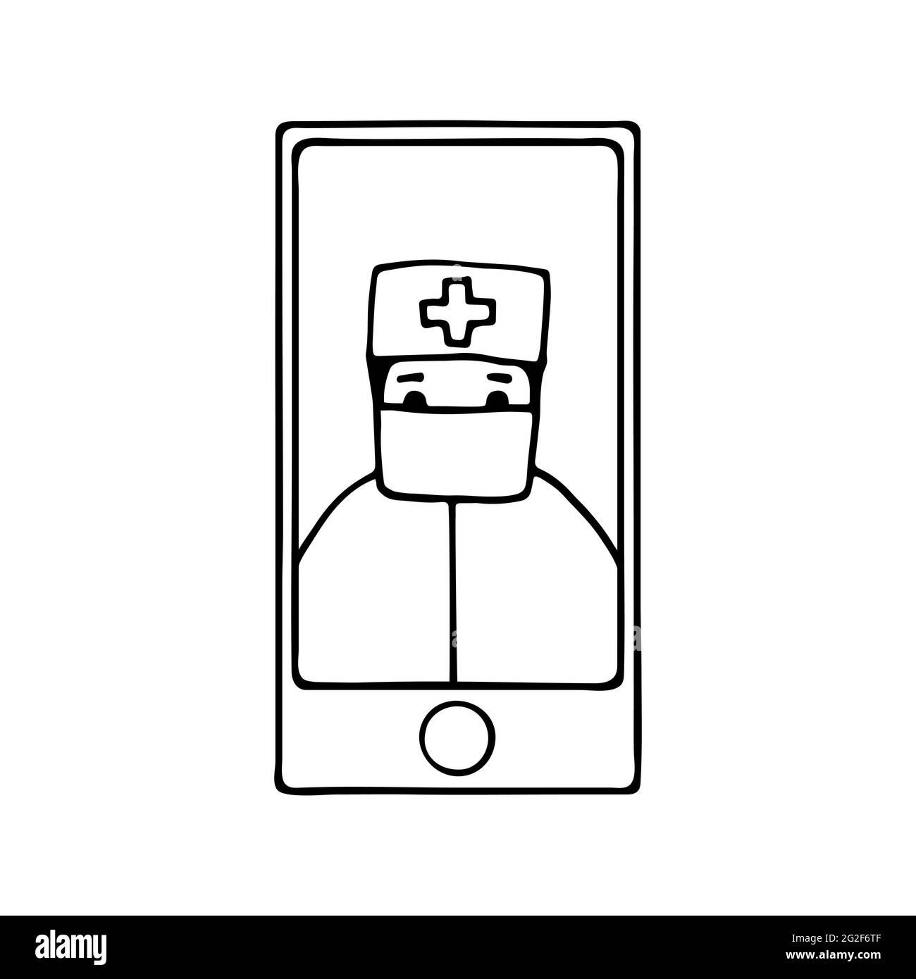 Doodle concept online doctor. Hand-drawn phone with a medical staff. Kind character in a medical protective mask. Medical vector illustration, health Stock Vector