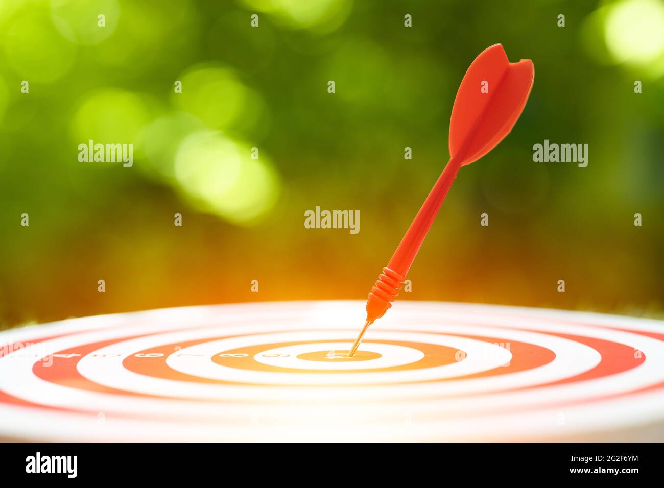 Close up red dart arrow hit the center target highest score of dartboard. Business management and planing to success go winner goal concept. Stock Photo