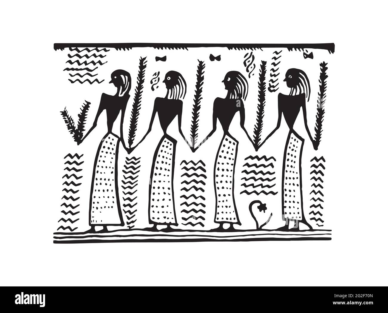 Stylized antique vector ornament. Hand drawn black silhouettes of women on a white background. Girls in dresses holding hands in a historical illustra Stock Vector