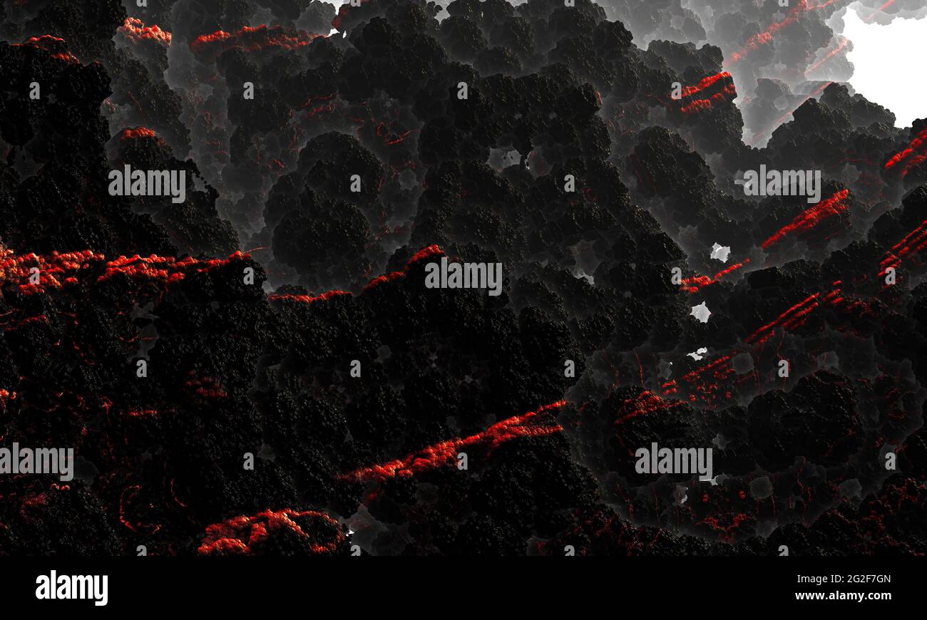 Black volcanic rock with red lava veins. Background texture of a rocks ...