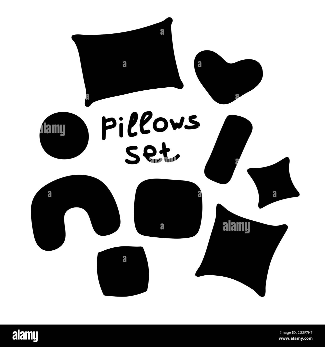 Scandinavian style pillows set. Pillows different silhouettes with lettering image. Cute home decoration collection. Vector symbol of a cozy home, ove Stock Vector