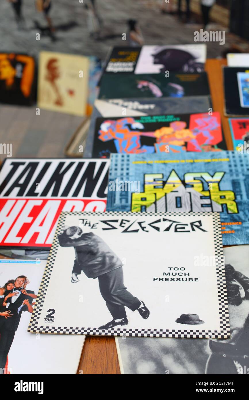 vinyl records at The Classic Car Boot Sale in London . Stock Photo