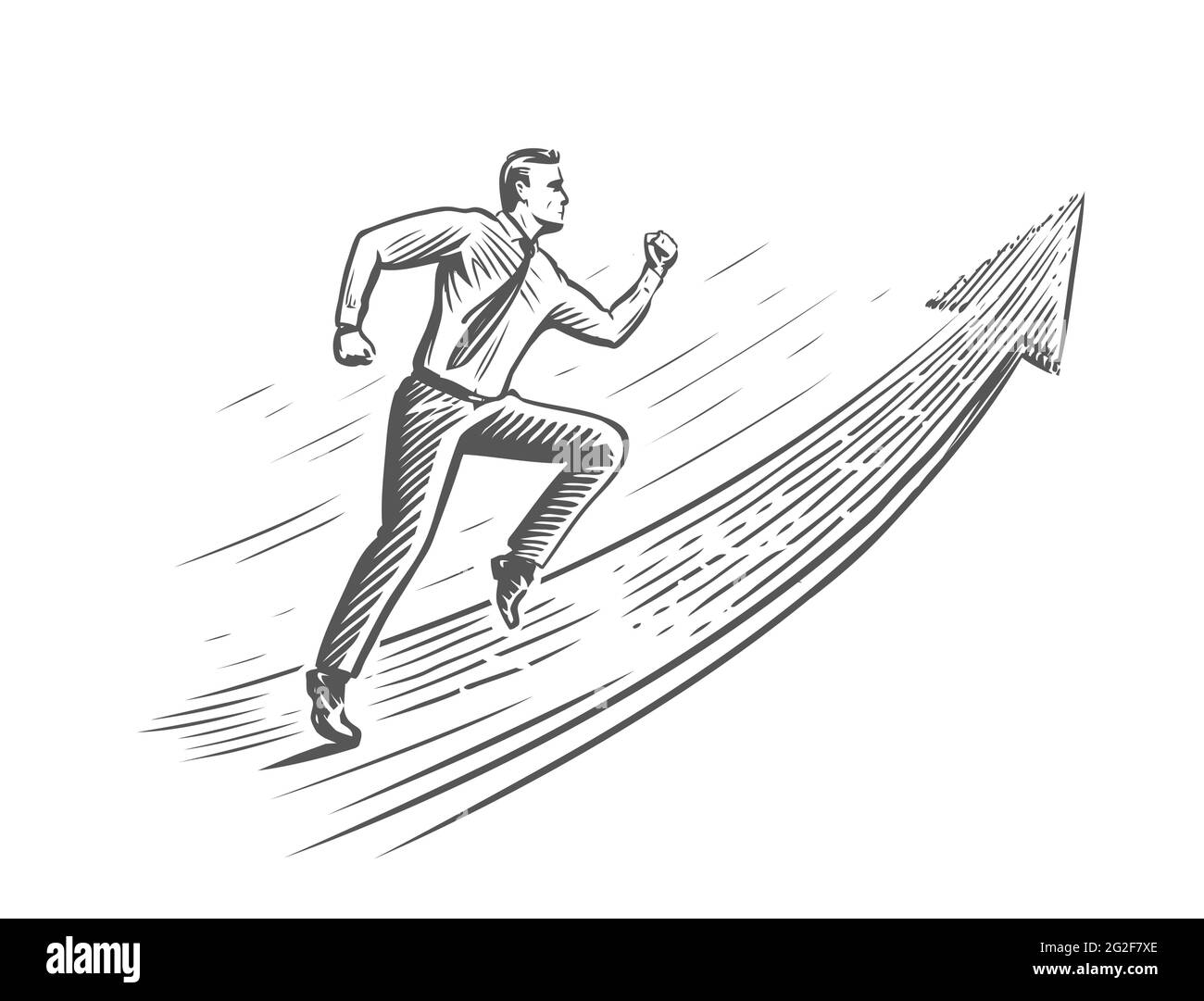 Businessman runs towards the target up the arrow. Business success concept. Vector sketch illustration Stock Vector