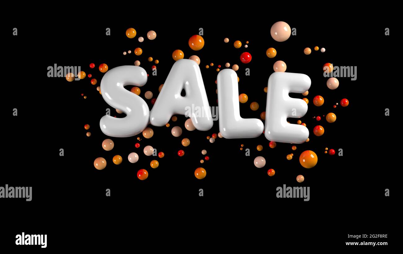 sale bright white glossy letters isolated on black background with spheres around. 3d illustration Stock Photo