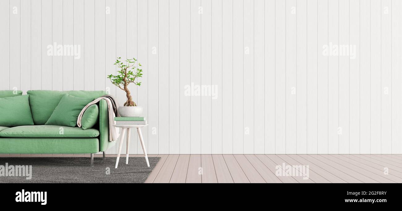 Living Room Interior Design Mock Up With Green Sofa Empty White Wall With Free Space On Right 3d Render 3d Illustration Stock Photo Alamy