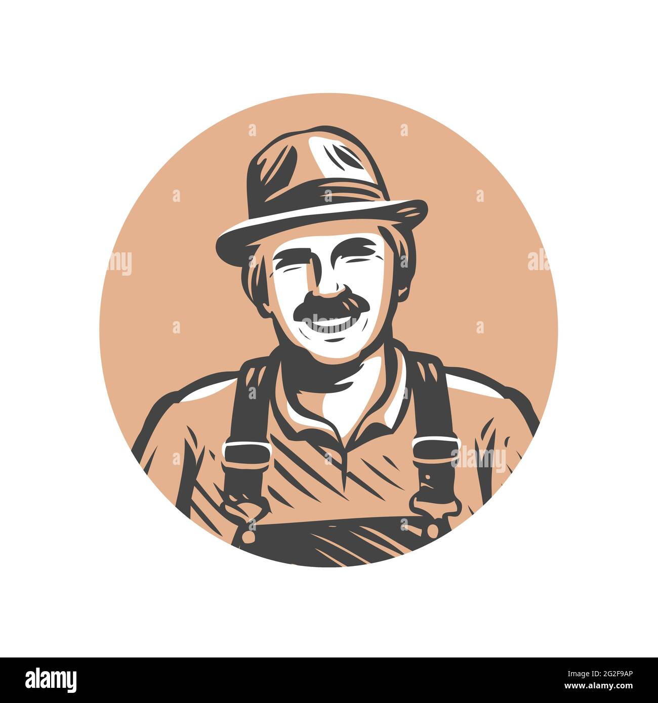 Farmer portrait, organic products logo. Agriculture, farm symbol. Vector sketch illustration Stock Vector