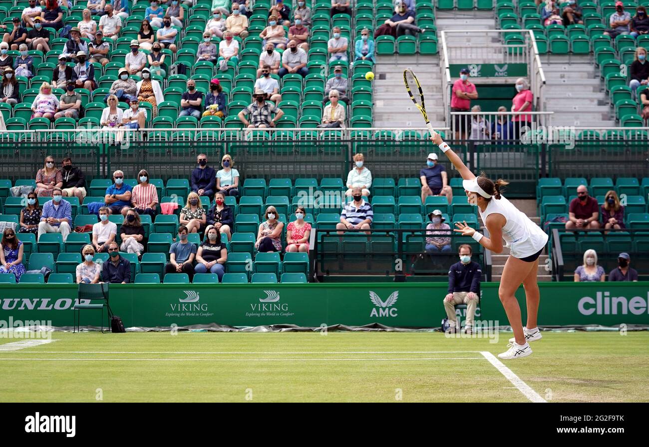 Johanna Konta serves during her WTA Quarter Final match against Alison Van  Uytvanck on day seven of the Viking Open at the Nottingham Tennis Centre.  Picture date: Friday June 11, 2021 Stock