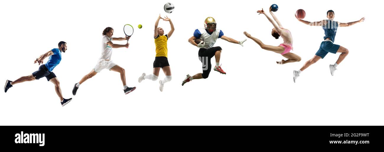 Sport collage. Tennis, basketball, american football, volleyball