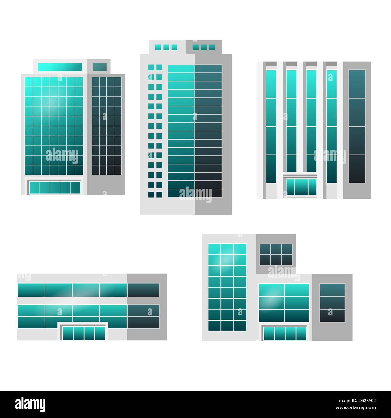 Set of city buildings isolated to create modern urban cityscape, for infographic design, flat style. Business office, houses, shopping center with gla Stock Vector