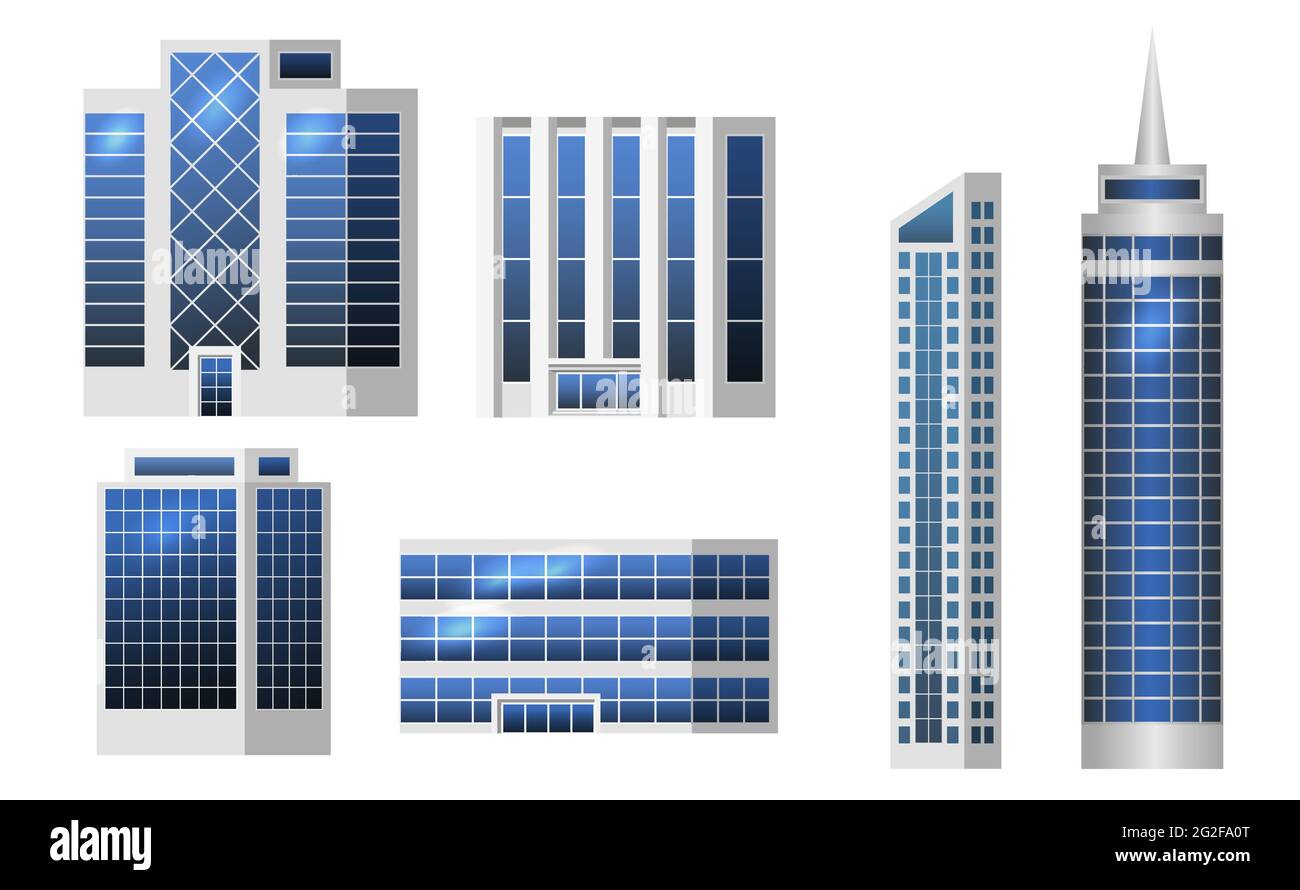 Set of city buildings isolated to create modern urban cityscape, Flat design. Business office, houses, shopping center with gllazed panels. Vector ill Stock Vector