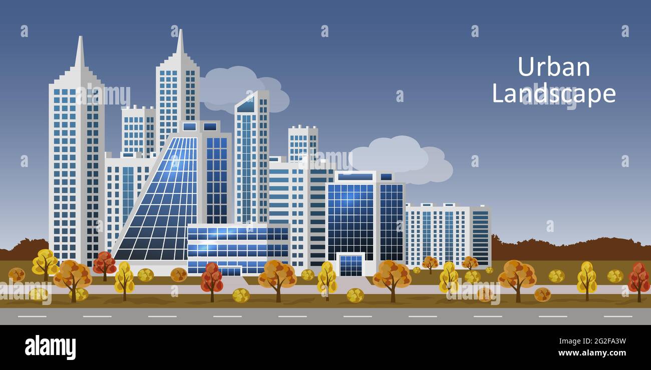 Urban landscape with modern buildings. Autumn city, business, office and shop buildings, skyscrapers, high houses, street, colorful trees. Cityscape i Stock Vector