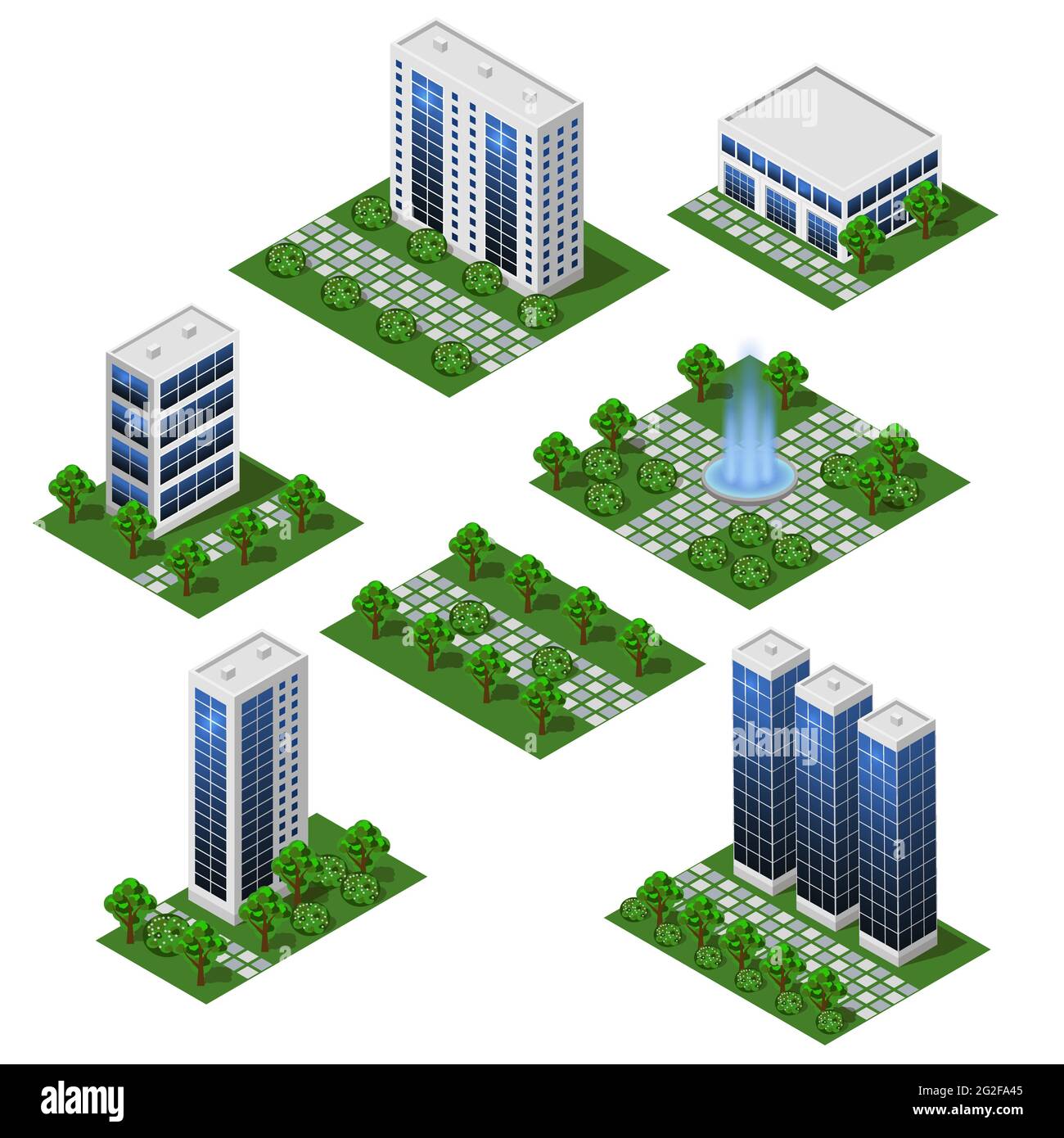 Modern City Buildings. Isometric set of isolated modules in flat style. Big houses and office buildings, street and outdoor park. For urban cityscapes Stock Vector