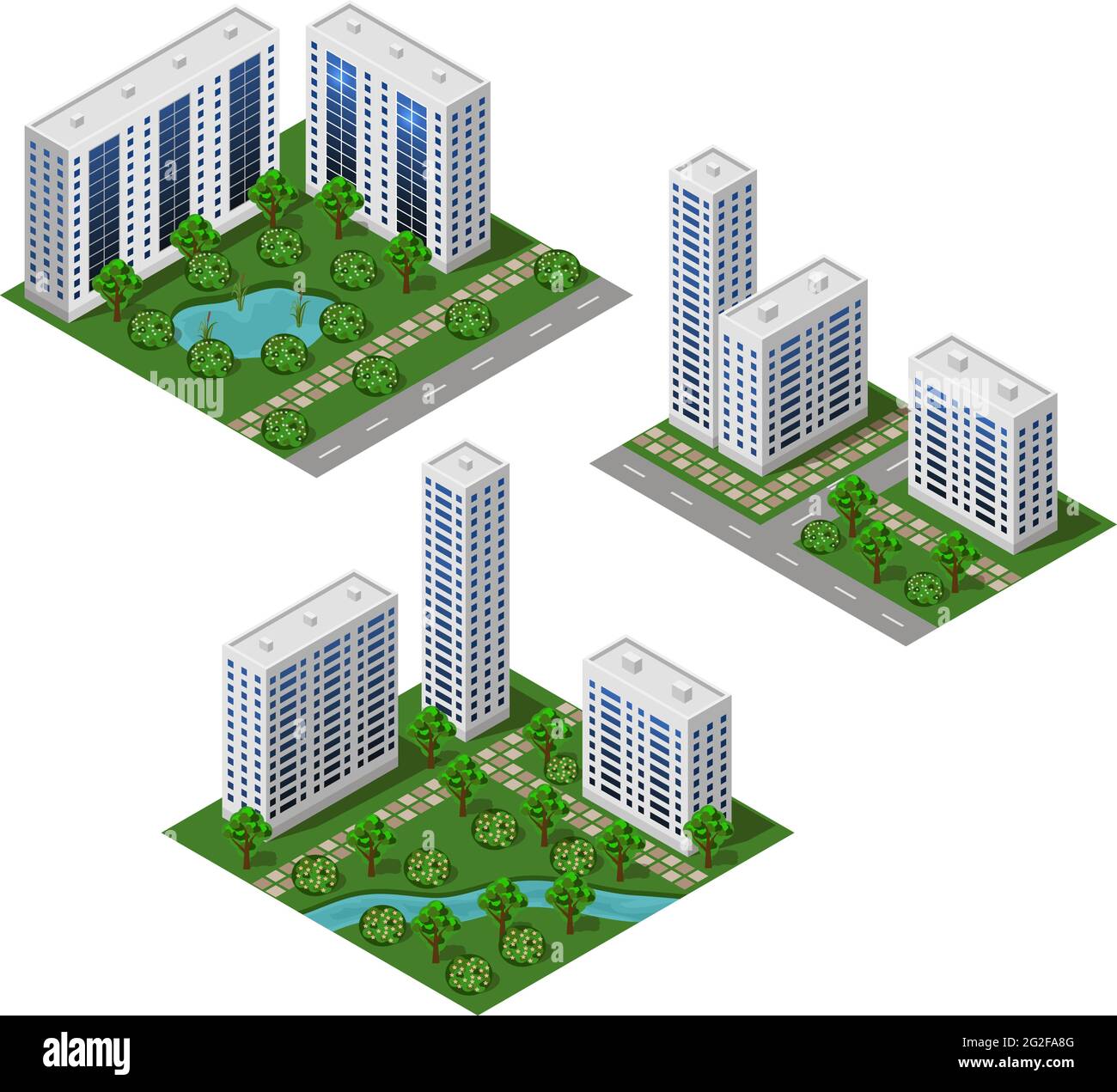 Isometric city set. Urban landscape 3d elements to design cityscape. Big modern buildings, street, trees, town garden with pond. Isolated modules. Vec Stock Vector