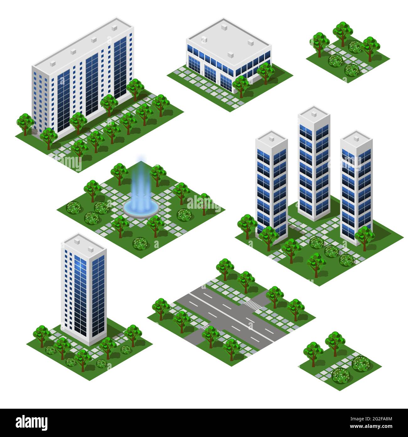 3D City modern buildings. Isometric city modules isolated, street, business and office buildings, houses, outdoor park, Vector set for urban cityscape Stock Vector