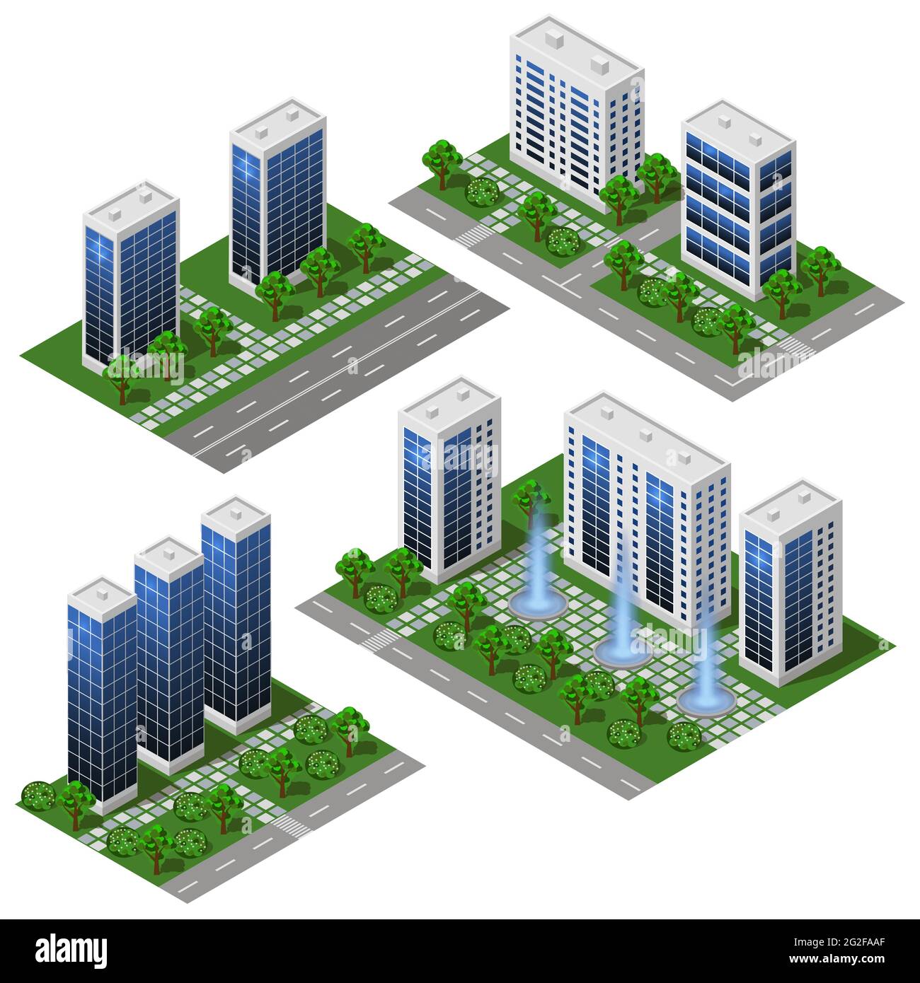 3d modern City building. Isometric eco city modules isolated with office buildings, houses, streets and park area with trees and fountains. For urban Stock Vector