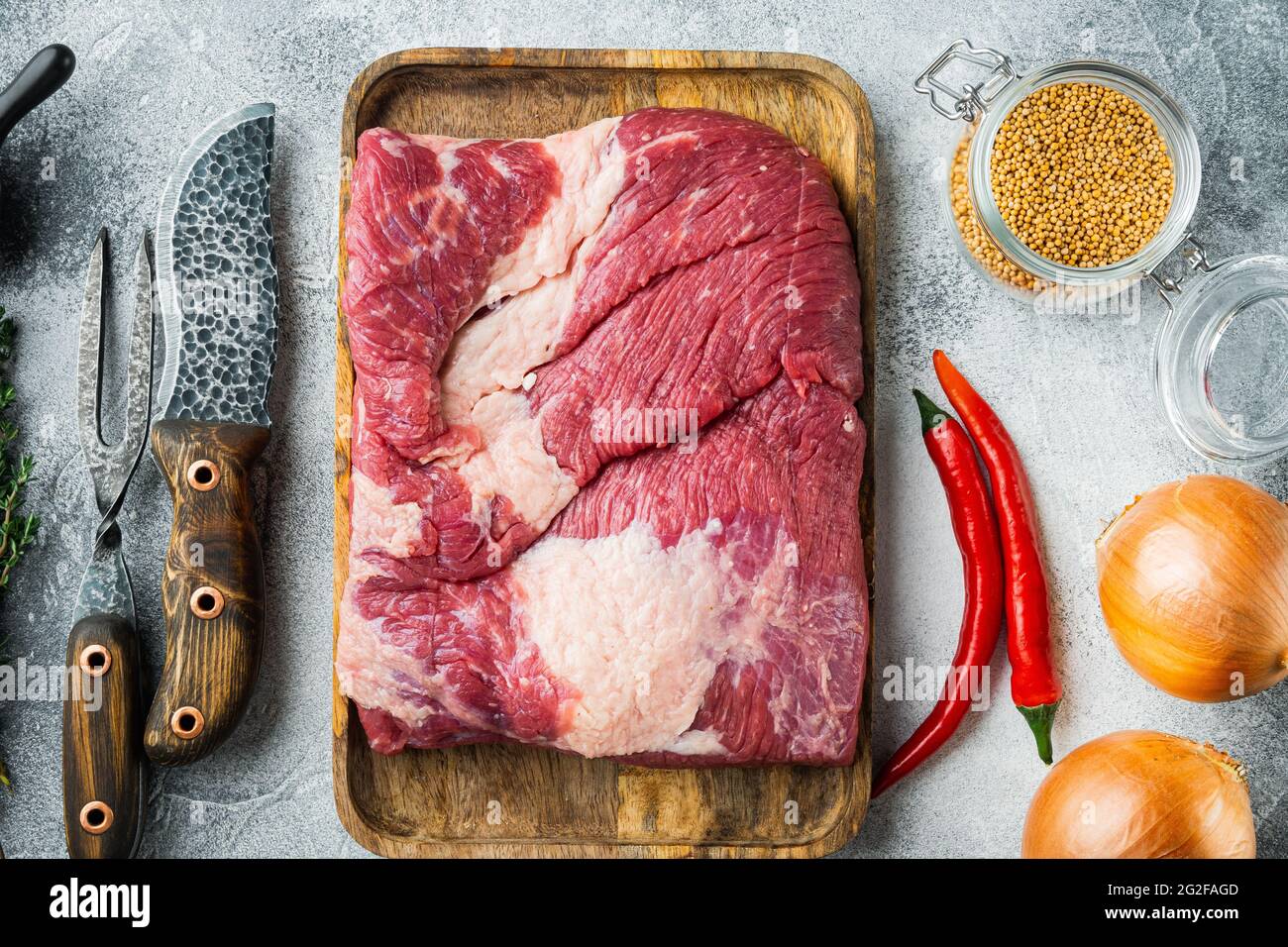 Raw Beef belly, beef brisket meat,with ingredients for smoking making