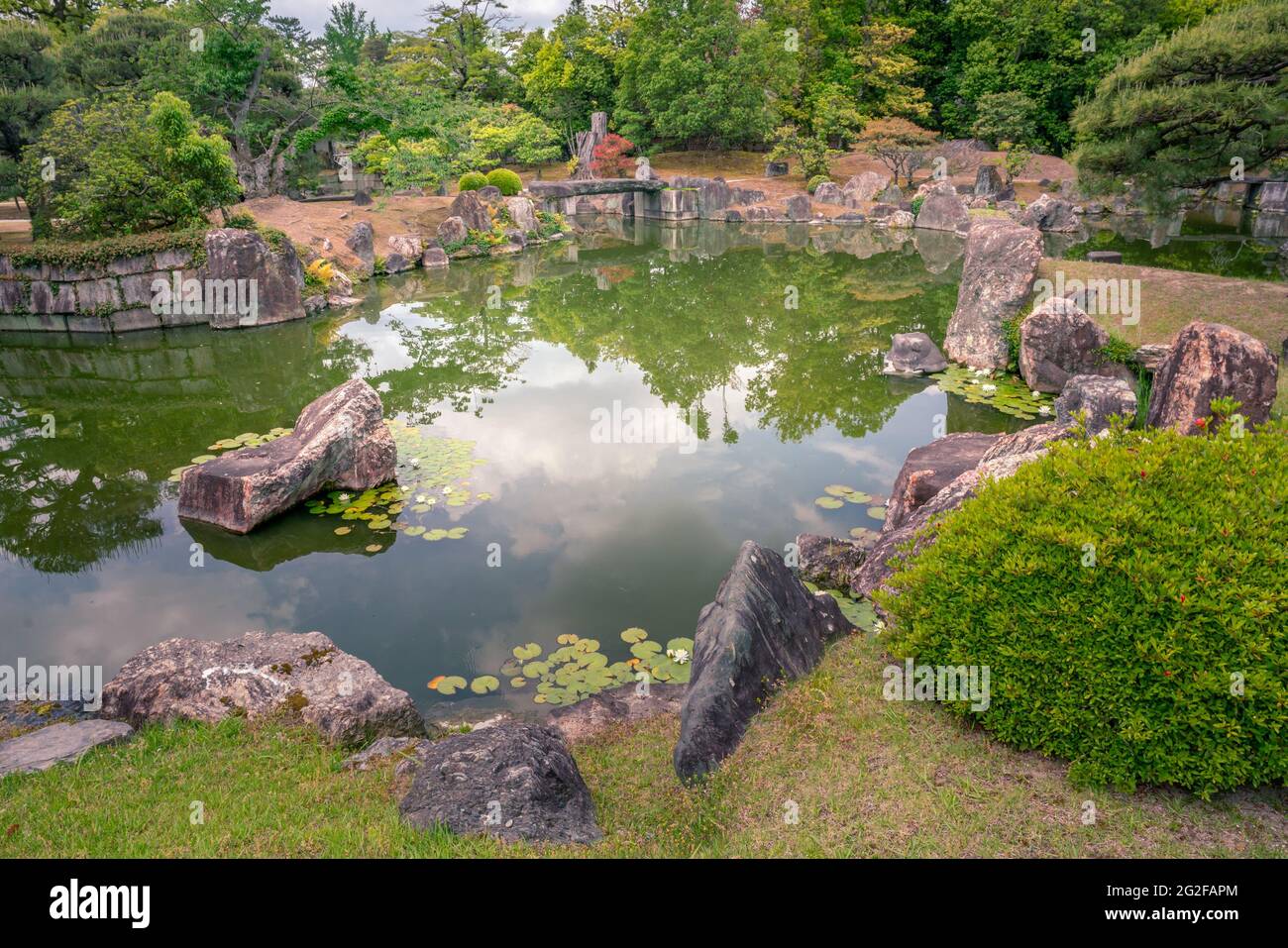 Old, traditional Japanese garden with precisely cut trees, small pond and stone bridges. Trees reflecting in water surface. Tranquil scene in the park Stock Photo
