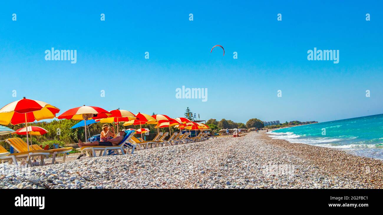 Rhodes Greece 20. September 2018 Relax windsurfing and vacation in Rhodes in Greece and the beautiful clear turquoise waters of Ialysos beach. Stock Photo