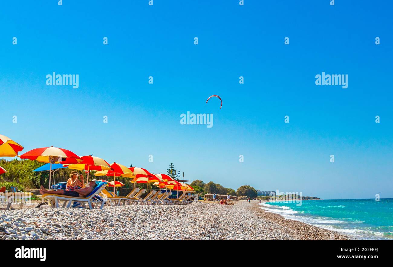 Rhodes Greece 20. September 2018 Relax windsurfing and vacation in Rhodes in Greece and the beautiful clear turquoise waters of Ialysos beach. Stock Photo