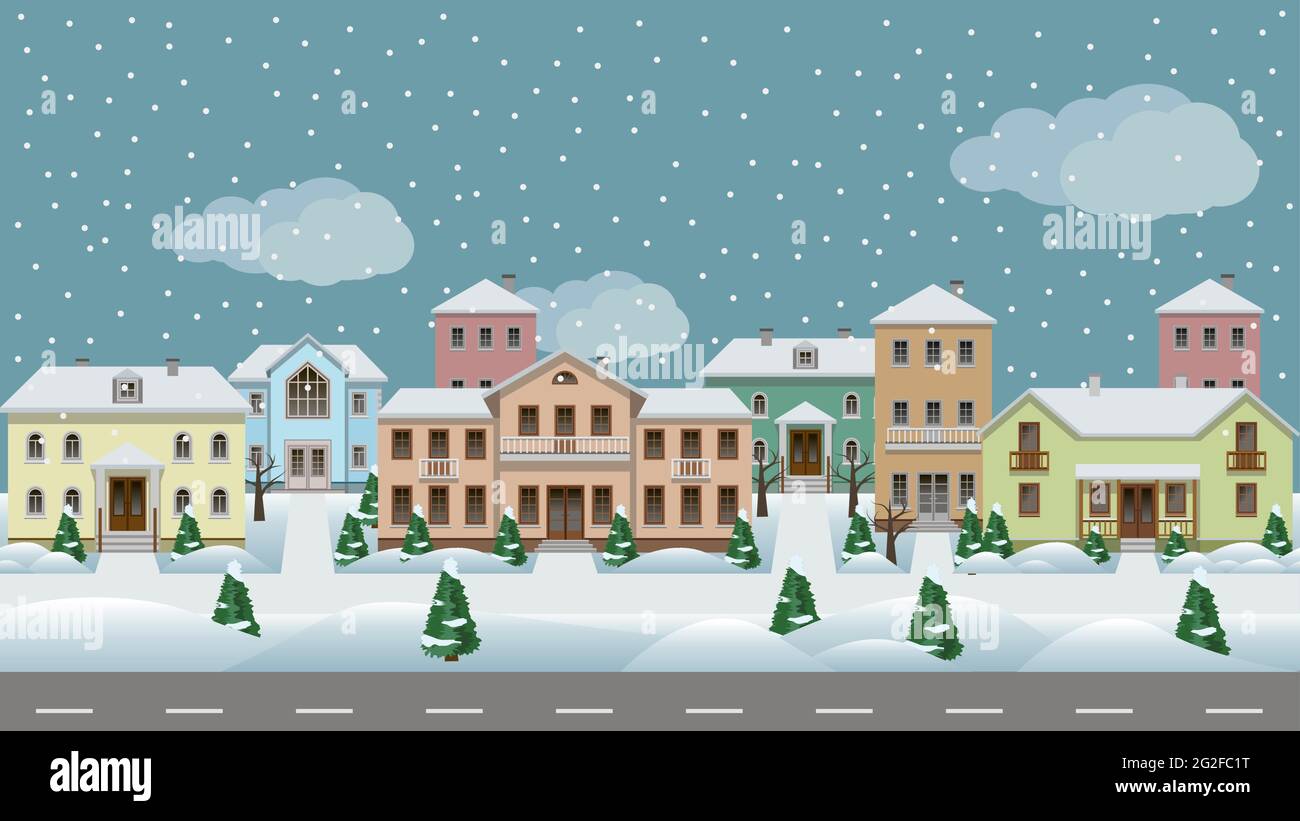 Vector Urban Landscape Set Of Town Houses Along City Street Sidewalks Winter With Snowflakes And Trees In Snow Seamless Background For Cartoon Or Stock Vector Image Art Alamy