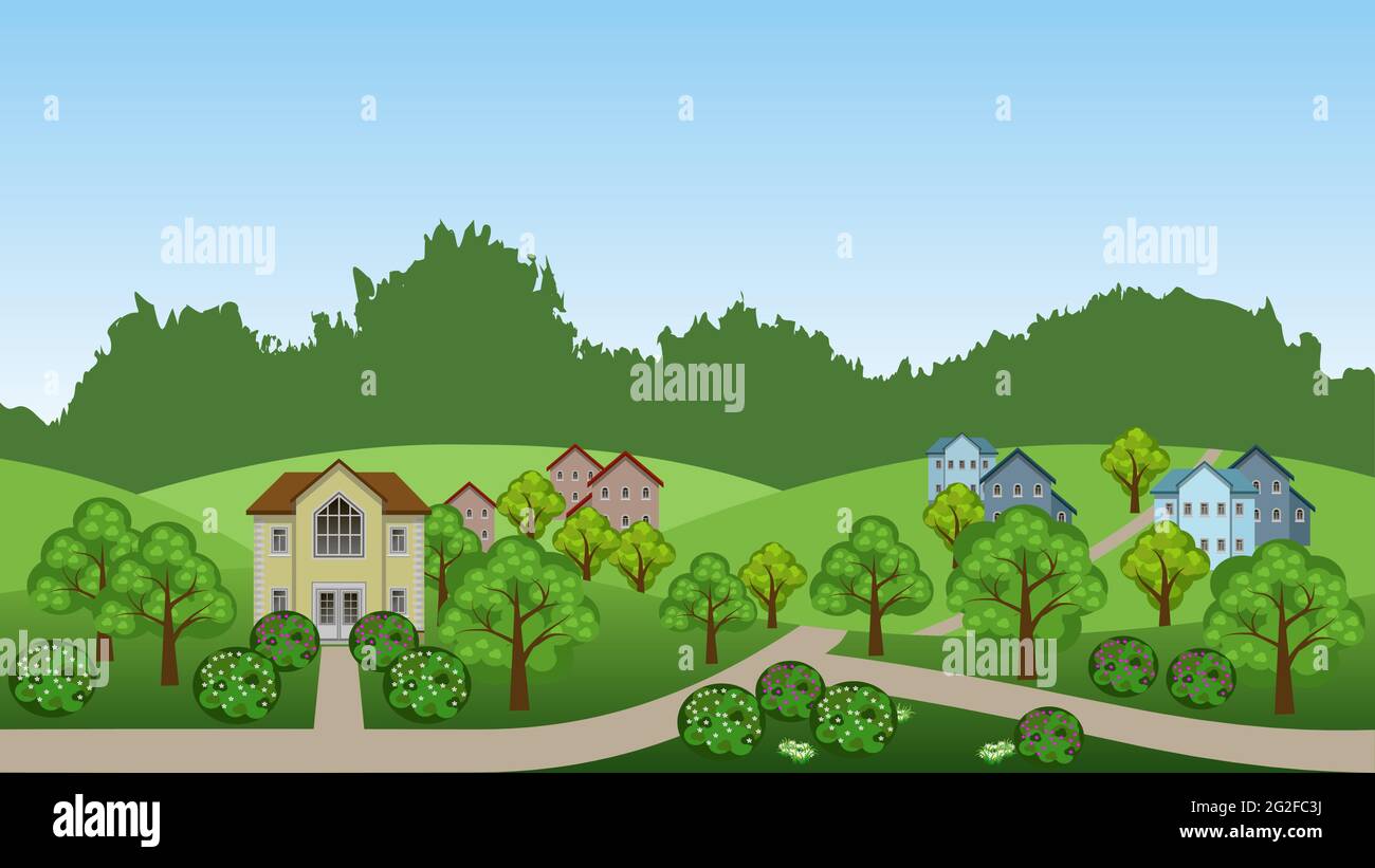 Village summer landscape scene. Cartoon background with town houses, hills,  trees and bushes, can be used in game asset. Horizontally seamless, vecto  Stock Vector Image & Art - Alamy
