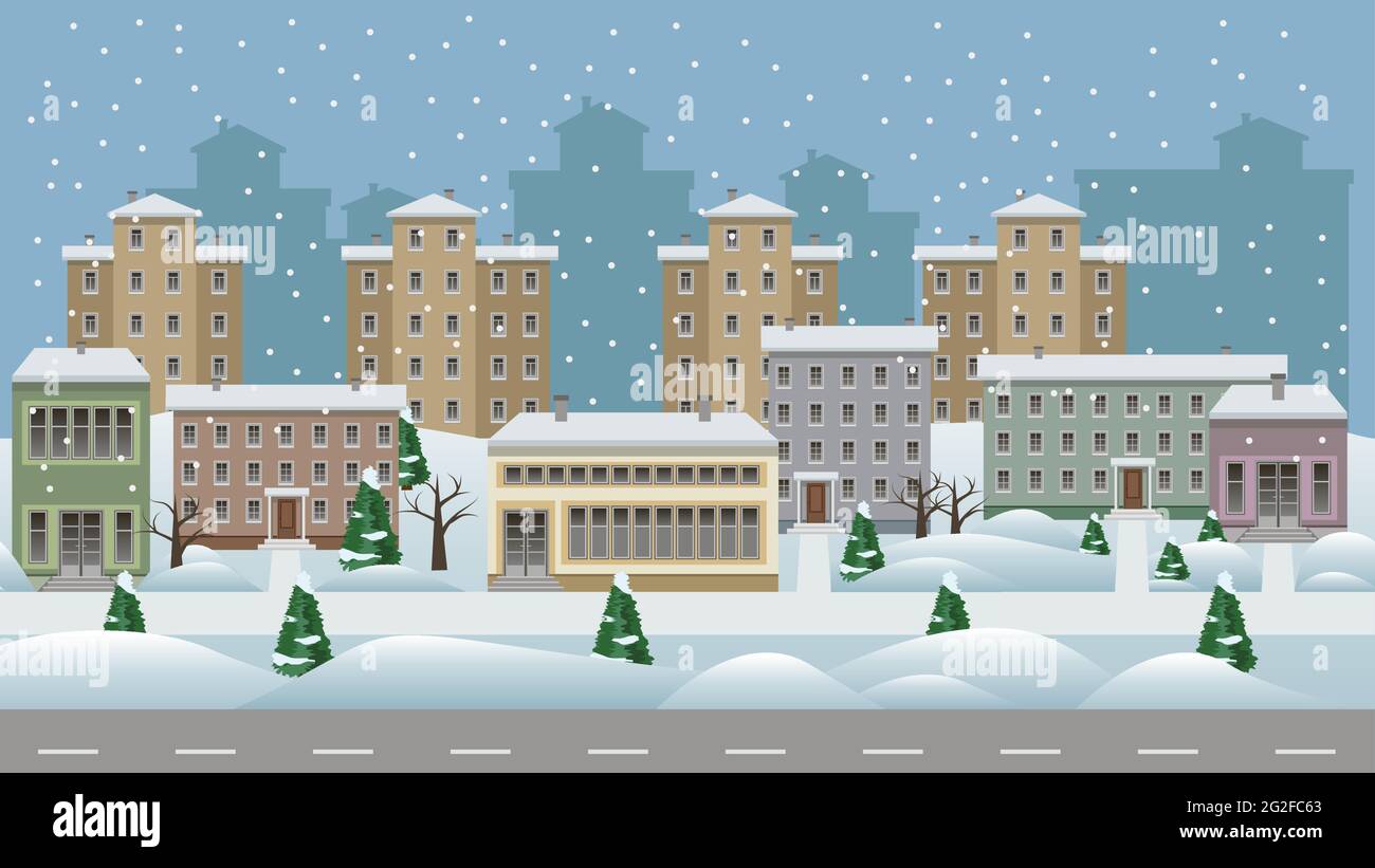 Winter Cityscape Cartoon Background Modern City Landscape With Houses And Shop Buildings In Snow Along A Street Trees And Walks Flat Design Style Stock Vector Image Art Alamy