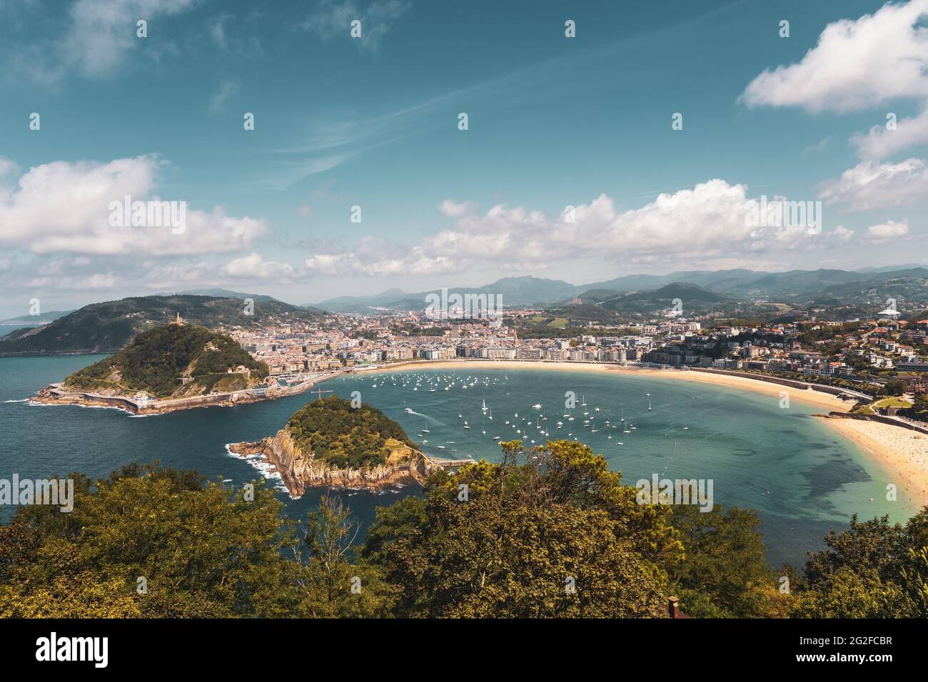 Donostia San Sebastian - Bay of la Concha - Beautiful overview - Basque Country, Spain - Panorama Stock Photo